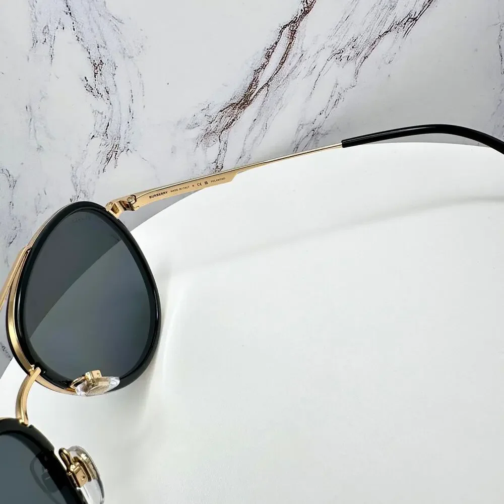 New Burberry Sunglasses Polarized Gold Black Check Arms Aviator Pilot Metal - Picture 6 of 16